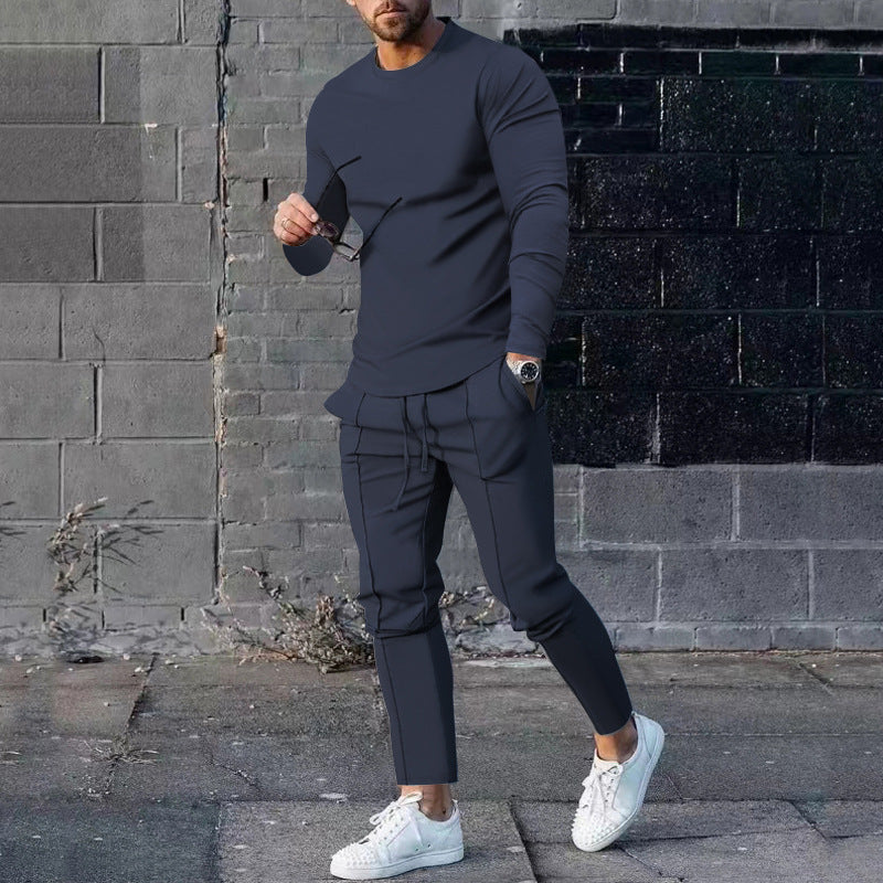 Men's Long-sleeved Suit Slim Crew Neck Pullover T-shirt And Pockets Drawstring Pencil Pants Casual Trousers Set Clothing
