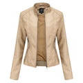 Women's Zip-up Leather Jackets Fashion Solid Color Pockets Stand Collar Top Outwear Clothing