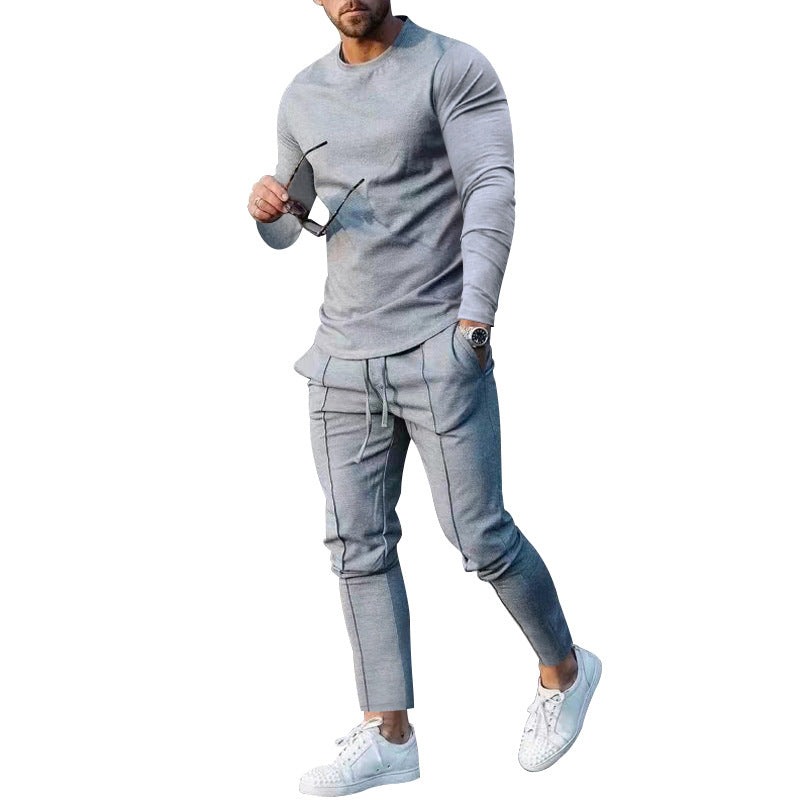 Men's Long-sleeved Suit Slim Crew Neck Pullover T-shirt And Pockets Drawstring Pencil Pants Casual Trousers Set Clothing