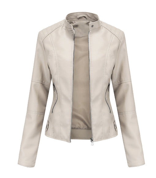 Women's Zip-up Leather Jackets Fashion Solid Color Pockets Stand Collar Top Outwear Clothing
